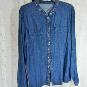 Chambray Shirt Blouse  Dark Rinse, Jewel Accents See Measurements